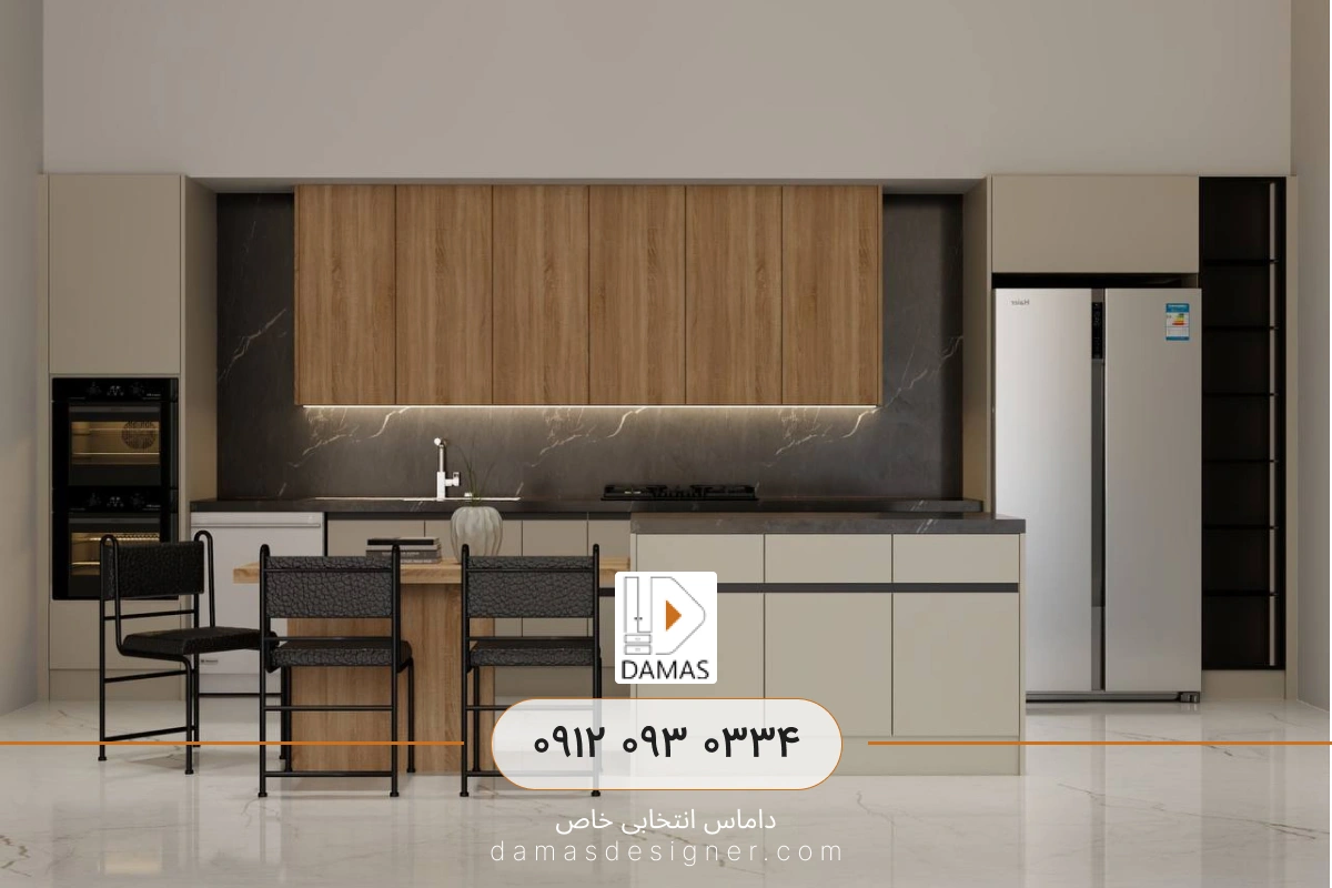 سفارش کابینت آشپزخانه مدرن با ترکیب رنگ گریژ و طرح چوب در کرج